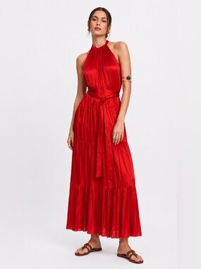 ZARA Red Halter Maxi Dress with Waist Tie